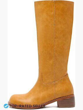 Women's Knee High Boots Square Toe Chunky Block Heel Wide Calf Pull On